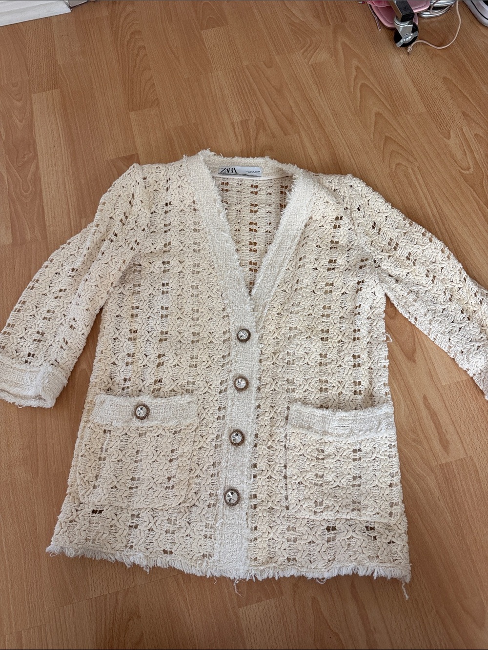 Zara Cream Crochet Button-Front Blazer